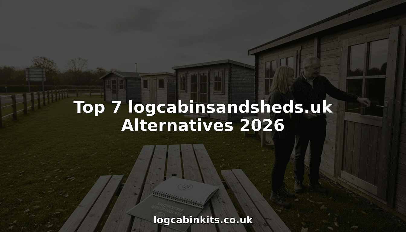 Couple viewing variety of garden log cabins outdoors