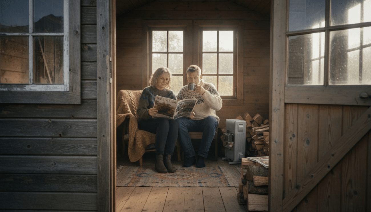 Garden cabin heated in winter sunlight