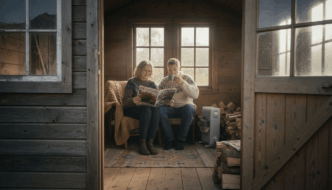 Garden cabin heated in winter sunlight