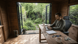 Man working in productive garden office cabin