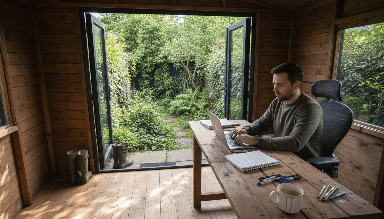 Man working in productive garden office cabin