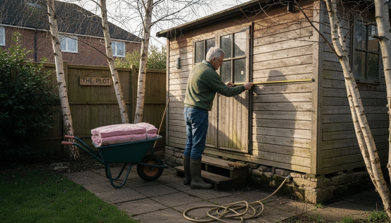 Man inspecting insulated garden cabin in UK