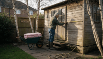 Man inspecting insulated garden cabin in UK