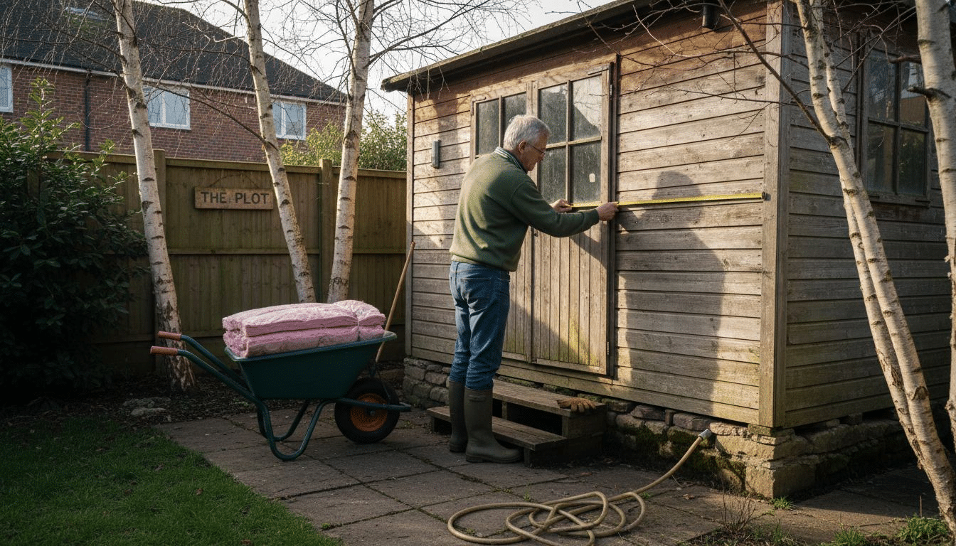 Man inspecting insulated garden cabin in UK