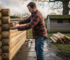 DIYer assembling interlocking log cabin in garden