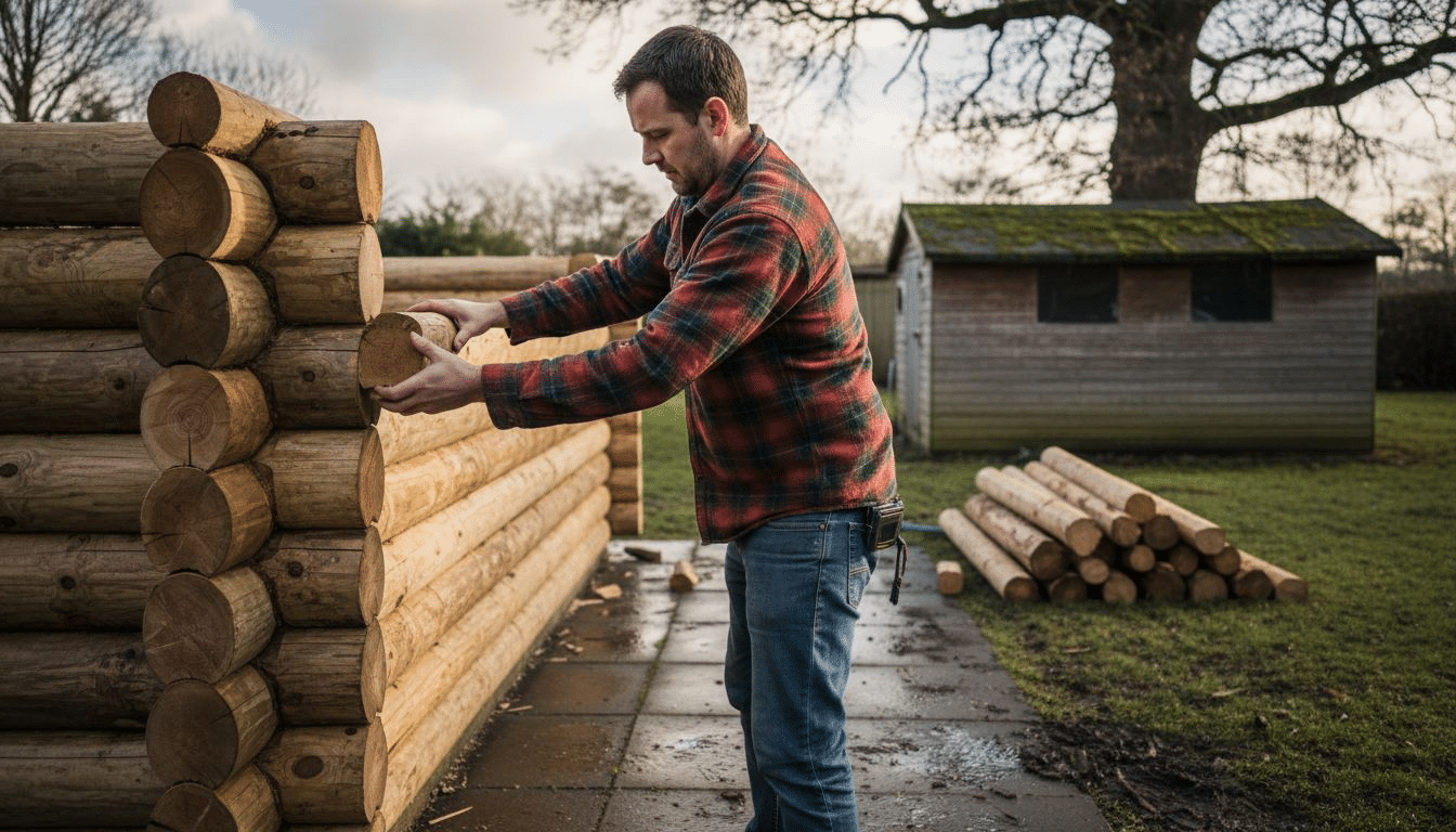 DIYer assembling interlocking log cabin in garden