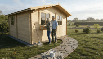 Couple planning customisation of UK garden log cabin