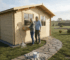 Couple planning customisation of UK garden log cabin