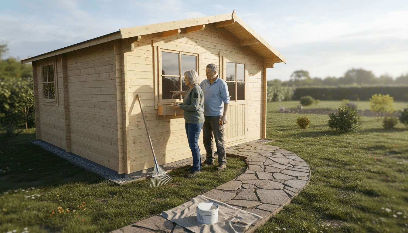 Couple planning customisation of UK garden log cabin