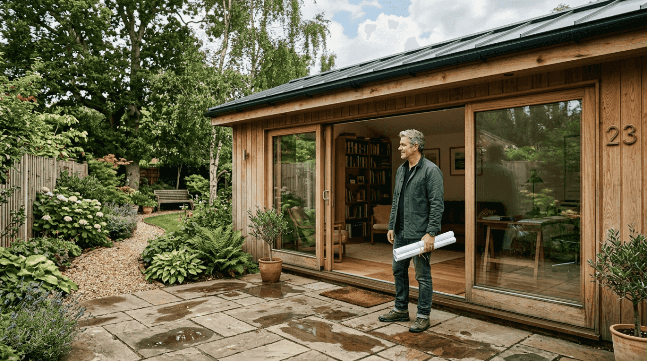 Architect outside luxury garden cabin in UK garden