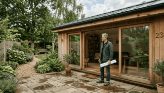 Architect outside luxury garden cabin in UK garden
