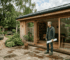 Architect outside luxury garden cabin in UK garden