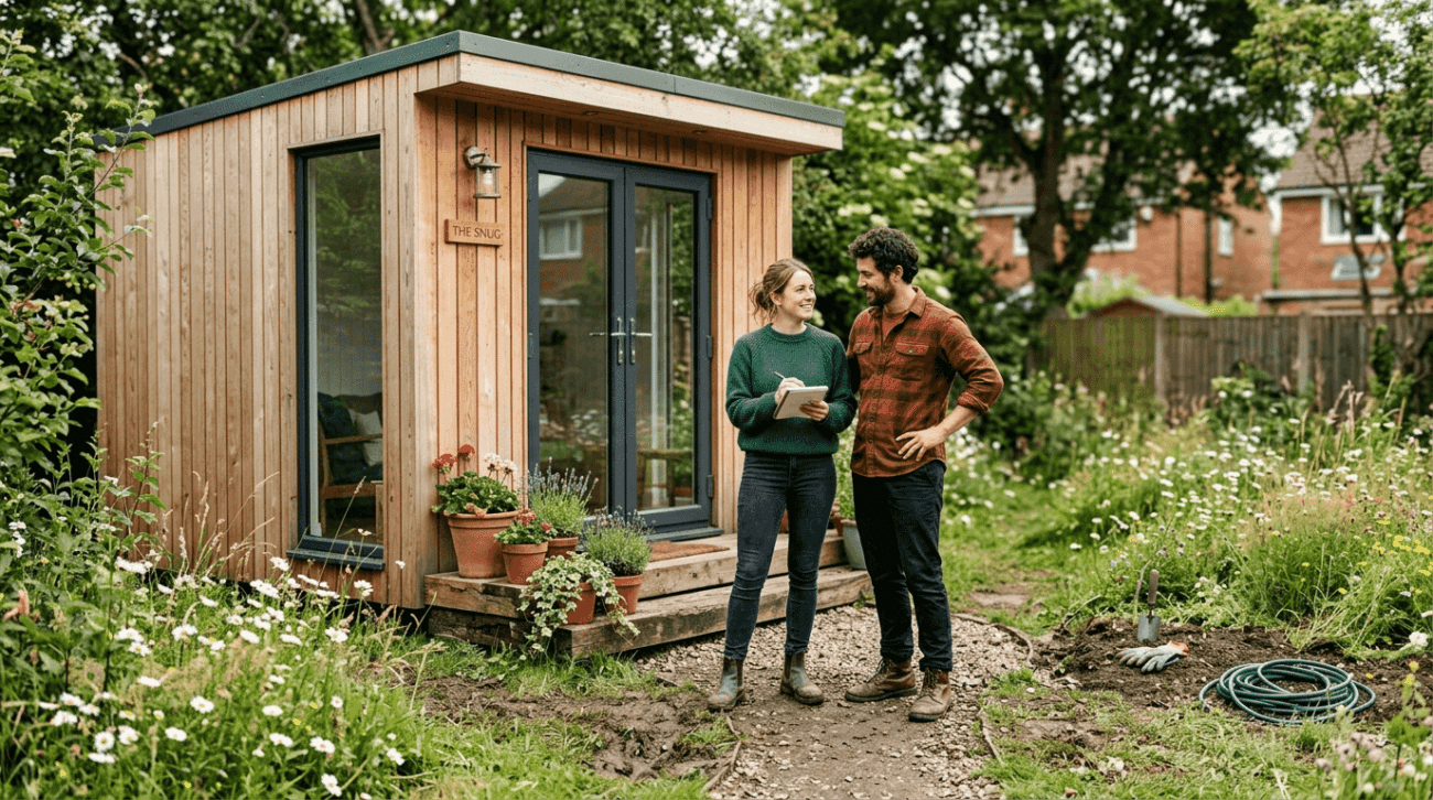 Couple admiring new backyard garden cabin