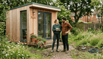 Couple admiring new backyard garden cabin