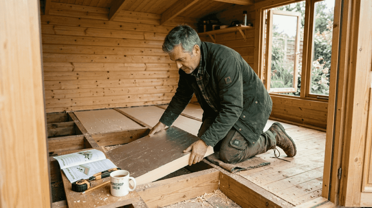 Man installing insulation in garden log cabin