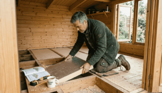 Man installing insulation in garden log cabin