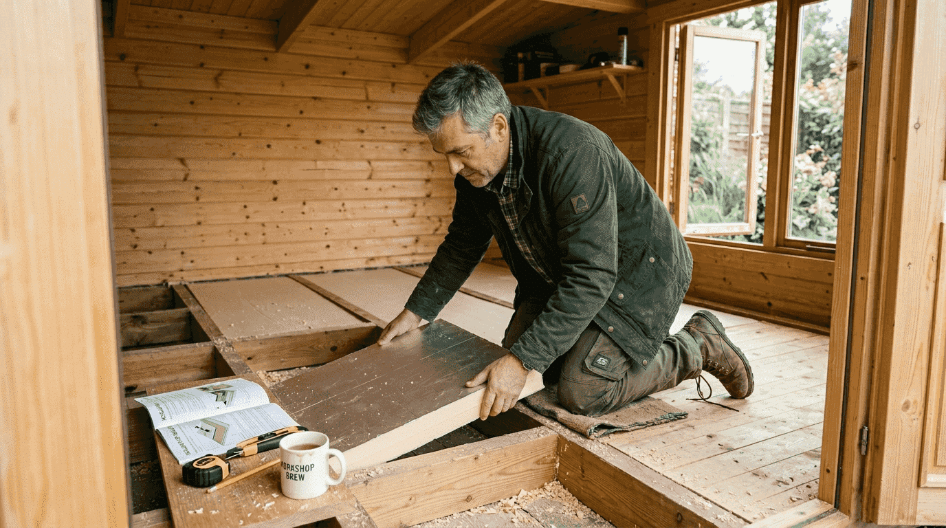 Man installing insulation in garden log cabin