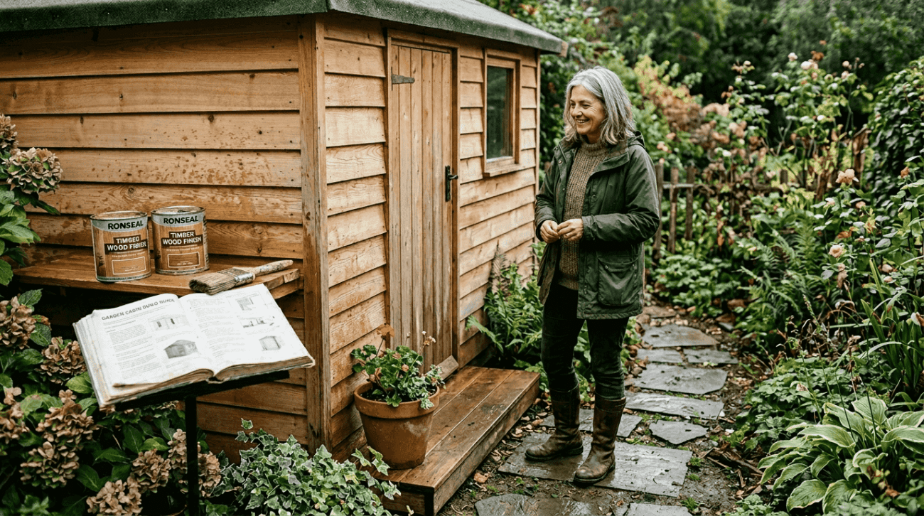 Garden cabin exterior with timber finishes and tools