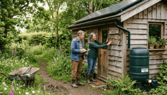 Couple with eco-friendly wooden garden cabin