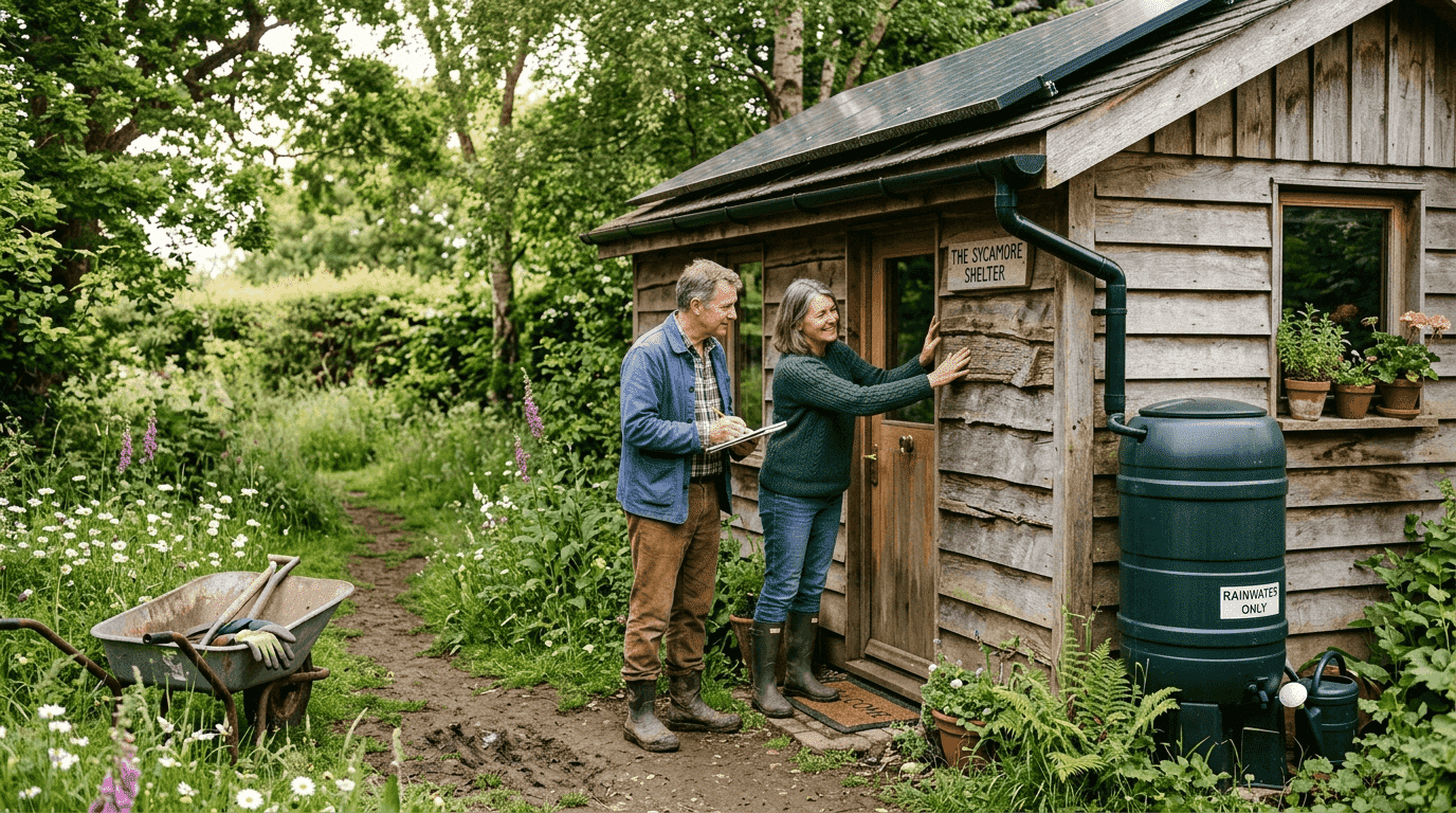 Couple with eco-friendly wooden garden cabin