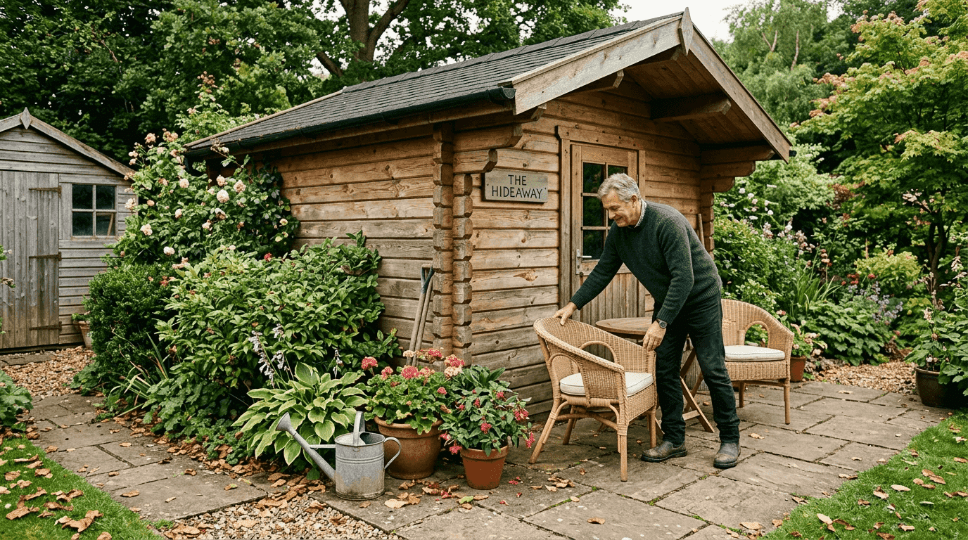 Corner log cabin in a classic UK garden
