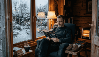 Man reading in heated garden cabin