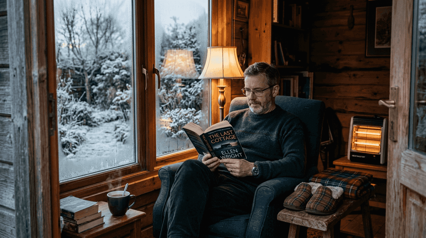 Man reading in heated garden cabin