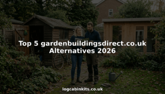 Homeowners reviewing log cabin alternatives in garden