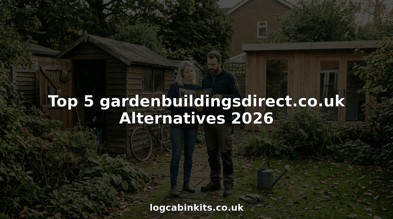 Homeowners reviewing log cabin alternatives in garden