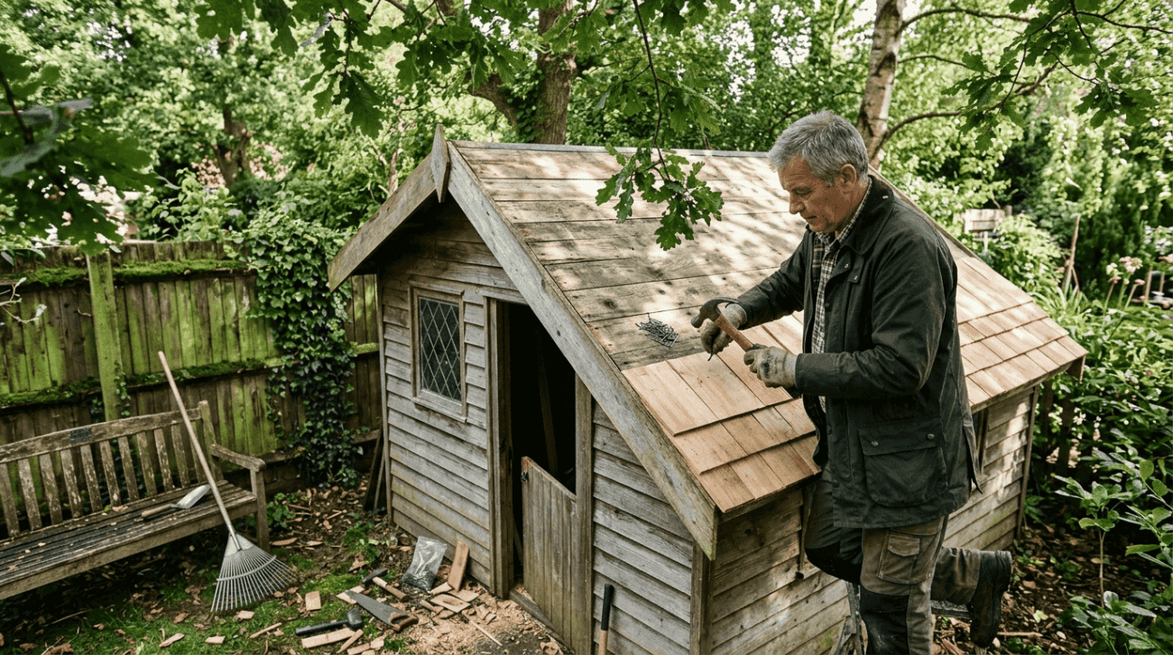 Man installing cedar shingles on cabin roof