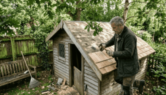 Man installing cedar shingles on cabin roof