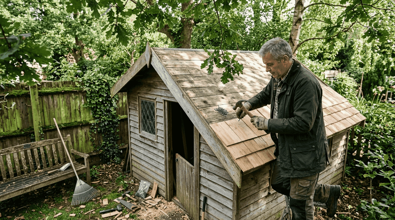 Man installing cedar shingles on cabin roof