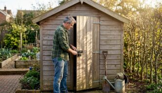 Man checking padlock on garden cabin door