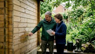 Couple inspecting garden cabin for waterproofing