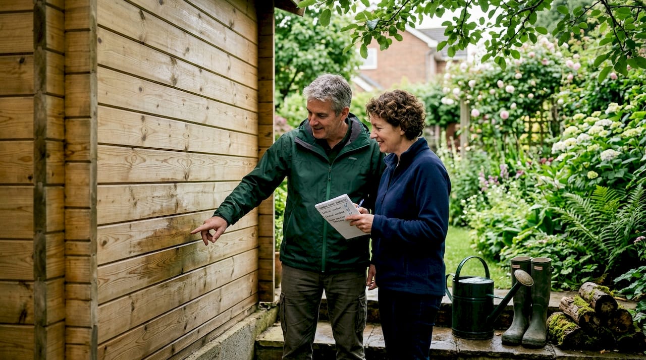 Couple inspecting garden cabin for waterproofing