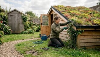 Homeowner tending sedum green roof on cabin