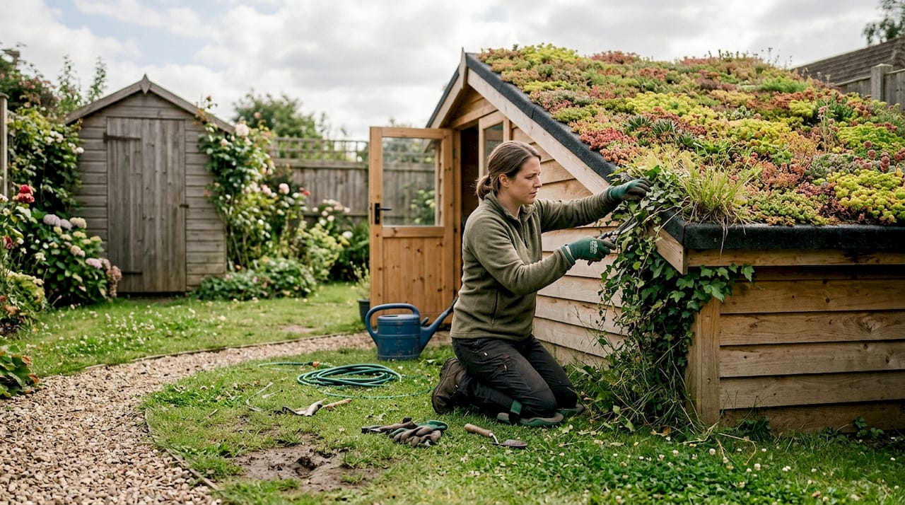 Homeowner tending sedum green roof on cabin
