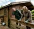 Couple checks a wet garden cabin after rain