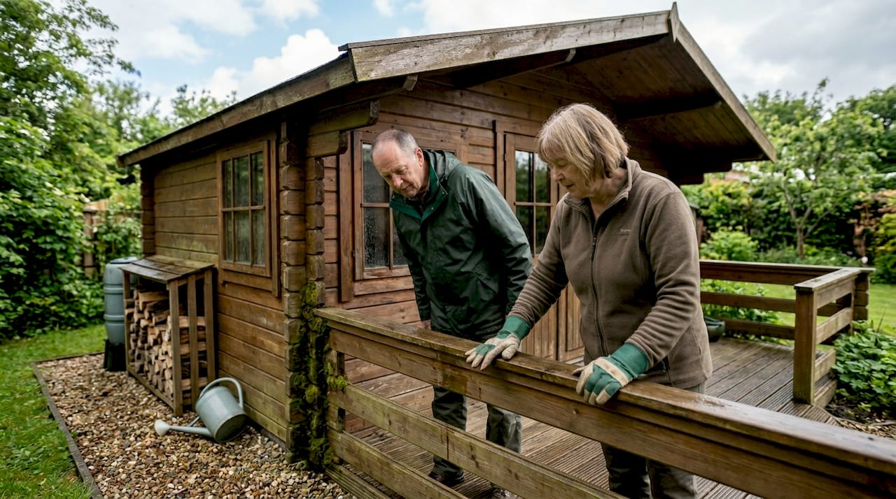 Couple checks a wet garden cabin after rain