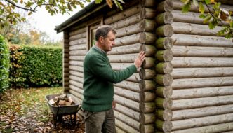 Homeowner inspecting log cabin wall outdoors