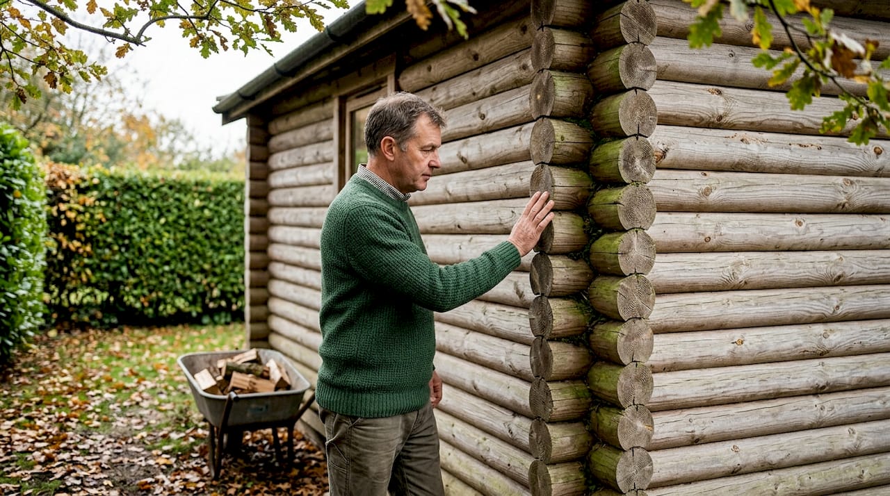 Homeowner inspecting log cabin wall outdoors
