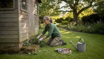 Gardener clearing vegetation around cabin base