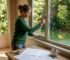 Person adjusting double-glazed window in cabin