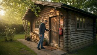 Homeowner checking log cabin fire safety