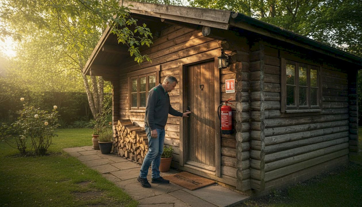 Homeowner checking log cabin fire safety