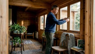Man ventilating a log cabin by opening window