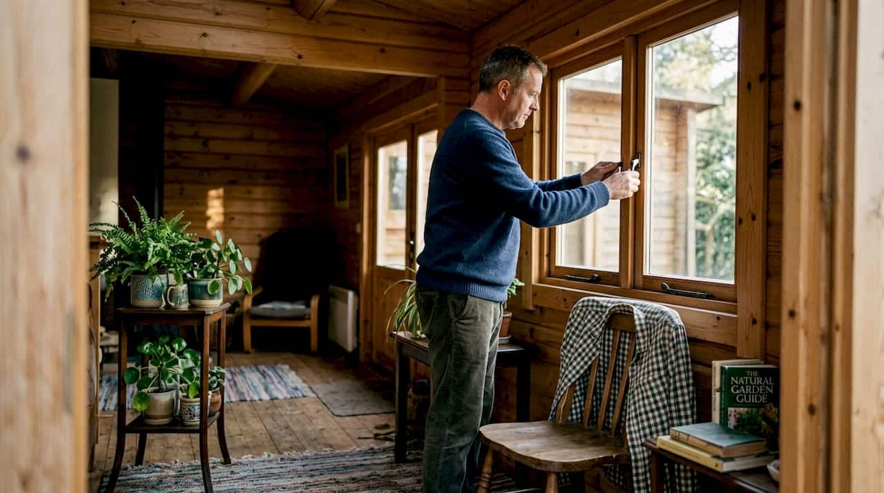 Man ventilating a log cabin by opening window