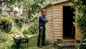 Man inspects timber cladding on garden cabin