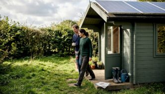 UK garden cabin with roof solar panels