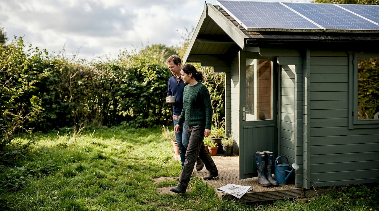 UK garden cabin with roof solar panels